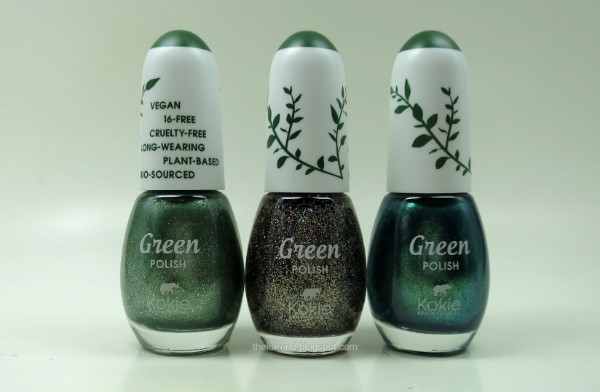 Kokie Green line nail polish in Feral, Starry Eyed, and Maybe Baby