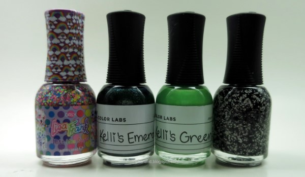 Orly nail polish Hits the Spot, Kelli's Green, Kelli's Emerald, and Turn It Down