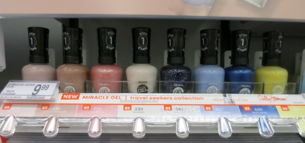 Nail polish display for Sally Hansen Miracle Gel 2022 spring/Valentines's collection Romance in Paris also known as Travel Seekers when they have plain caps