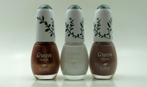 Kokie Green nail polish in Tan Line, Moonbeam, and Coffee Break