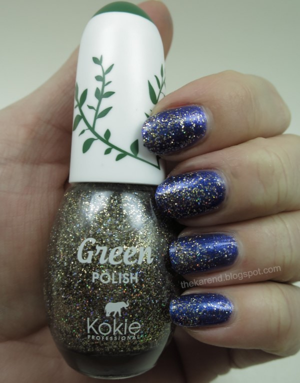 Kokie Green nail polish in Skinny Dip topped with Starry Night