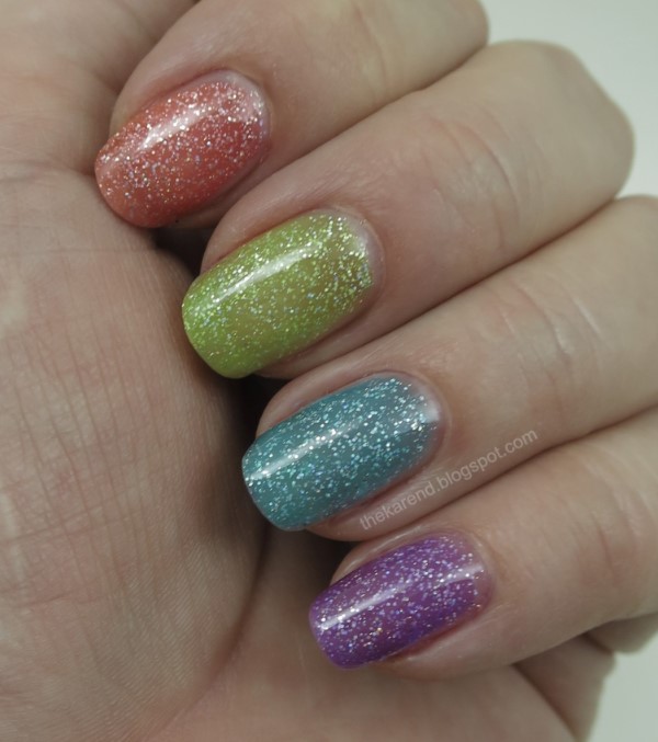 Manicure with Orly nail polish in As If, Peace Out, Chill Pill, and Like Totally.